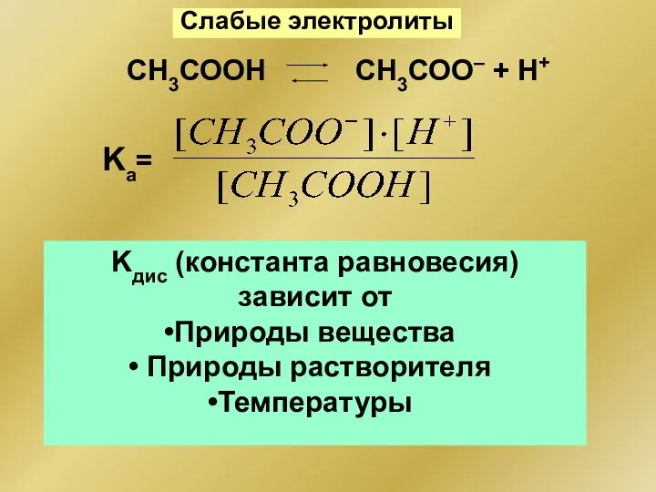 Слабые электролиты СН3СООН СН3СОО– + Н+ Kдис (константа равновесия) зависит от