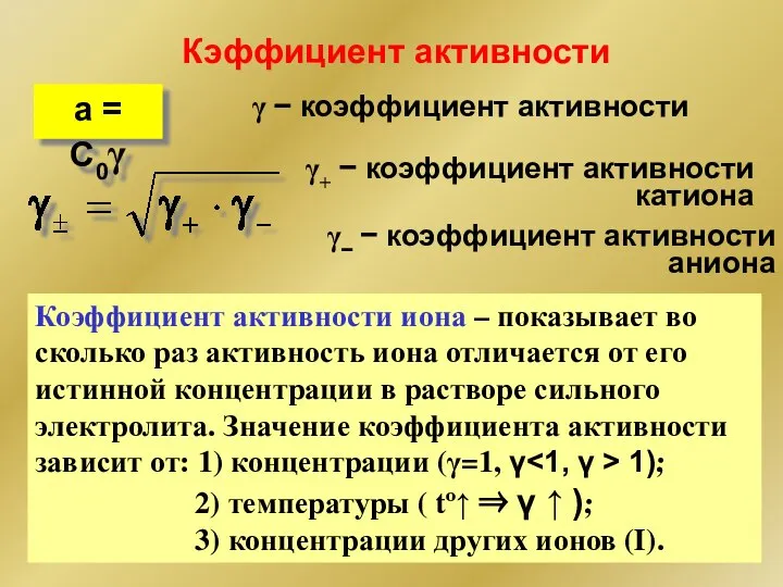 Кэффициент активности a = C0γ γ − коэффициент активности γ− −