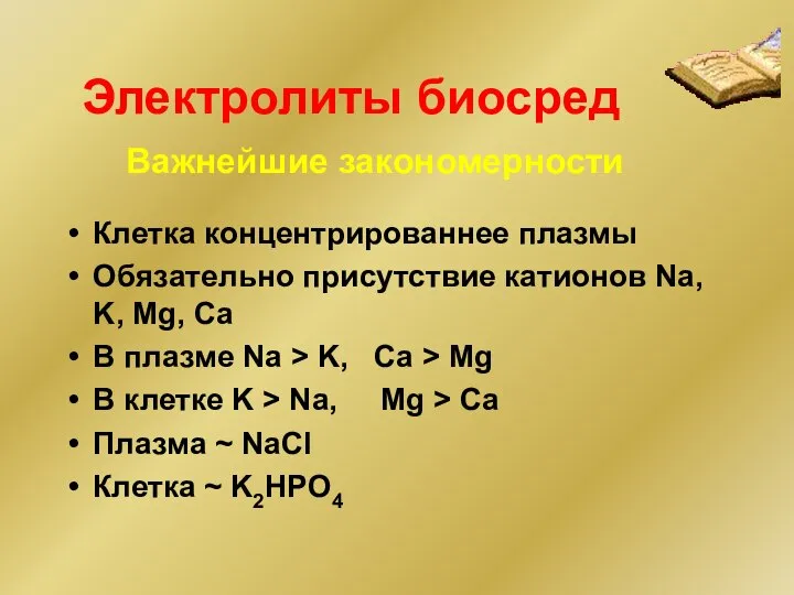 Электролиты биосред Клетка концентрированнее плазмы Обязательно присутствие катионов Na, K, Mg,