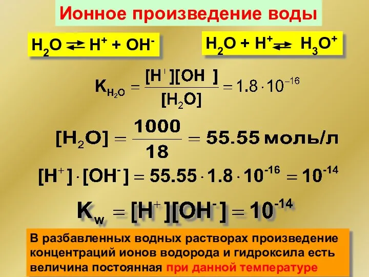 Ионное произведение воды В разбавленных водных растворах произведение концентраций ионов водорода