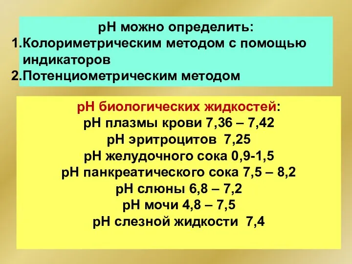 рН можно определить: Колориметрическим методом с помощью индикаторов Потенциометрическим методом рН