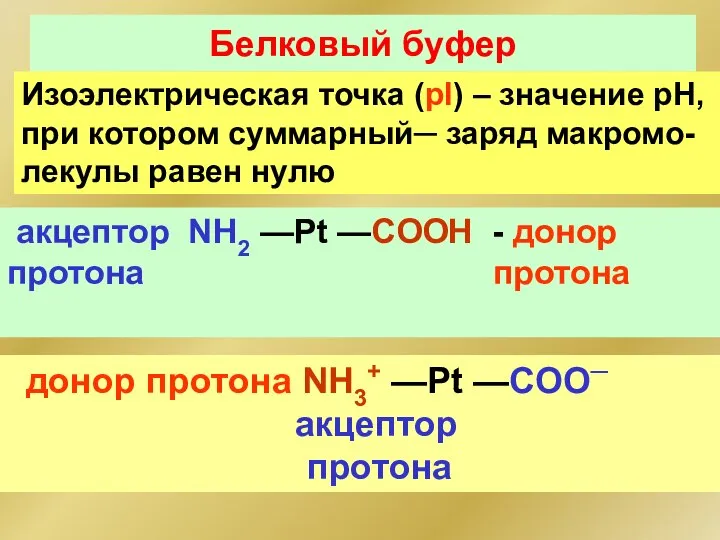 Белковый буфер Изоэлектрическая точка (pI) – значение рН, при котором суммарный─