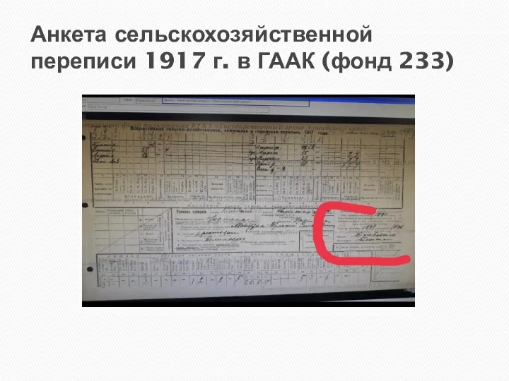 Анкета сельскохозяйственной переписи 1917 г. в ГААК (фонд 233)