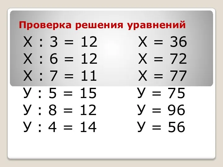 Проверка решения уравнений Х : 3 = 12 Х = 36