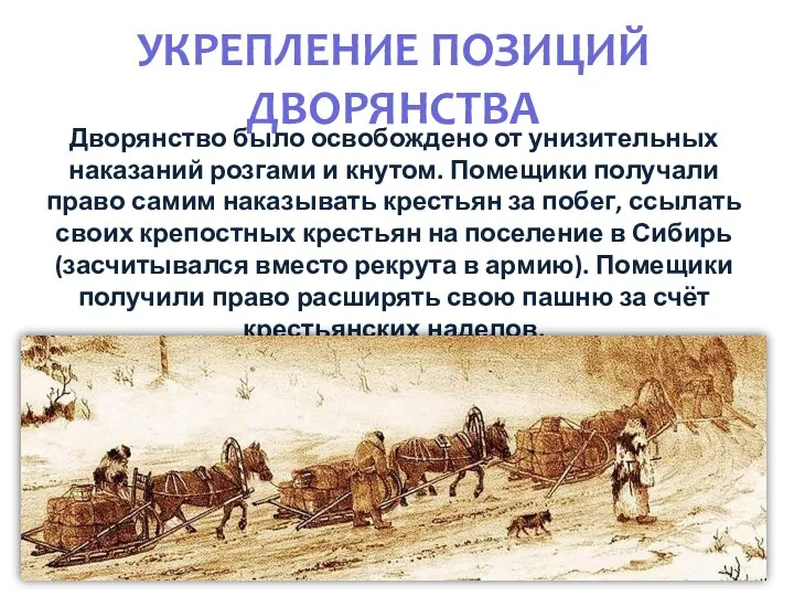 УКРЕПЛЕНИЕ ПОЗИЦИЙ ДВОРЯНСТВА Дворянство было освобождено от унизительных наказаний розгами и