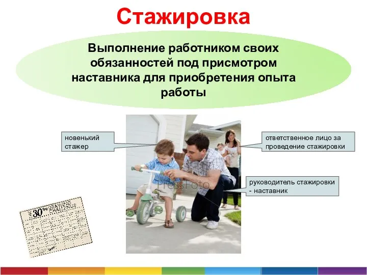 Стажировка Выполнение работником своих обязанностей под присмотром наставника для приобретения опыта