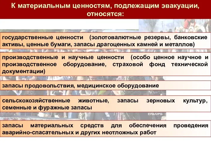 К материальным ценностям, подлежащим эвакуации, относятся: государственные ценности (золотовалютные резервы, банковские