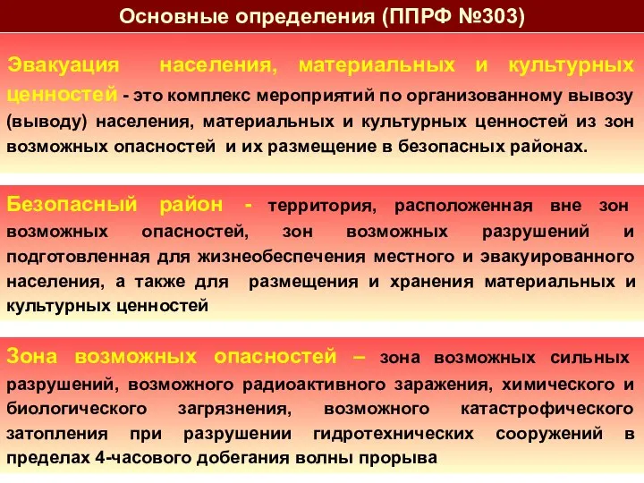 Основные определения (ППРФ №303) Эвакуация населения, материальных и культурных ценностей -