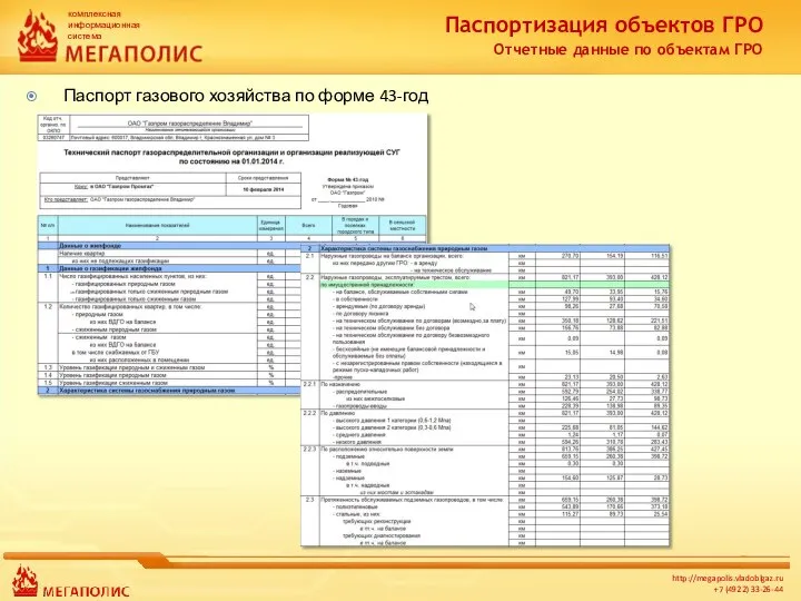 Паспортизация объектов ГРО Отчетные данные по объектам ГРО Паспорт газового хозяйства по форме 43-год