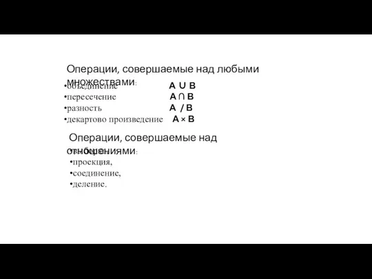 объединение А ∪ В пересечение А ∩ В разность А /