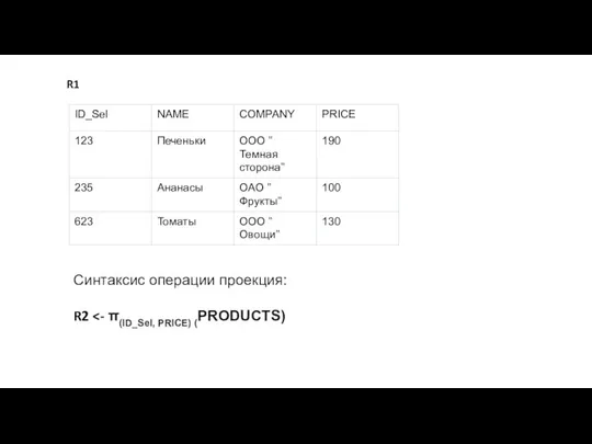 R1 Синтаксис операции проекция: R2