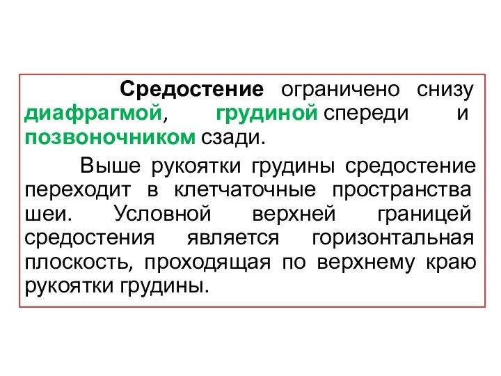 Средостение ограничено снизу диафрагмой, грудиной спереди и позвоночником сзади. Выше рукоятки