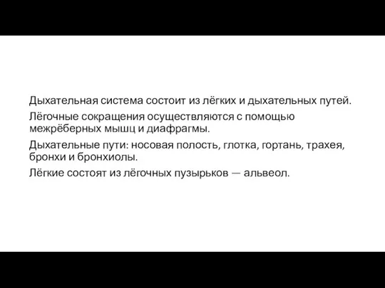 Дыхательная система состоит из лёгких и дыхательных путей. Лёгочные сокращения осуществляются