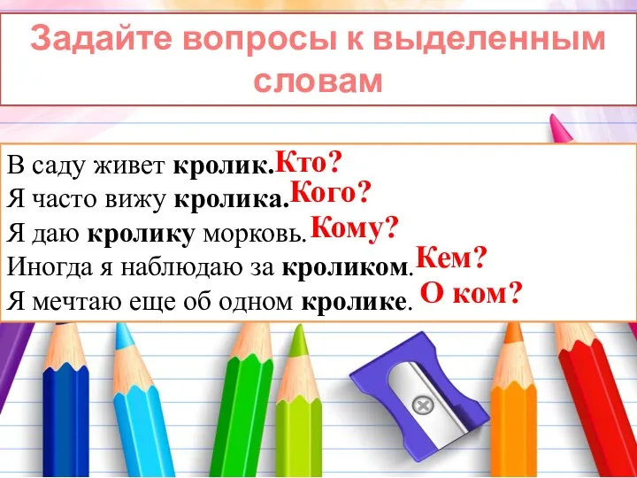 Задайте вопросы к выделенным словам В саду живет кролик. Я часто