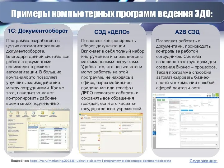 Примеры компьютерных программ ведения ЭДО: СЭД «ДЕЛО» А2В СЭД 1С: Документооборот