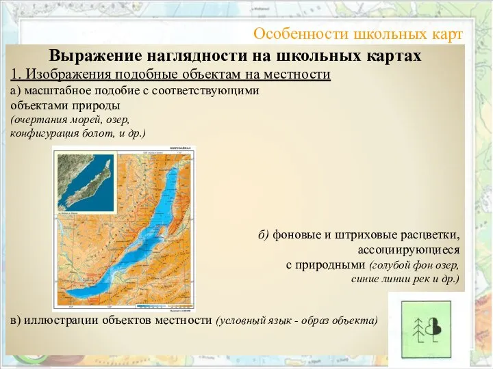 Особенности школьных карт Выражение наглядности на школьных картах 1. Изображения подобные