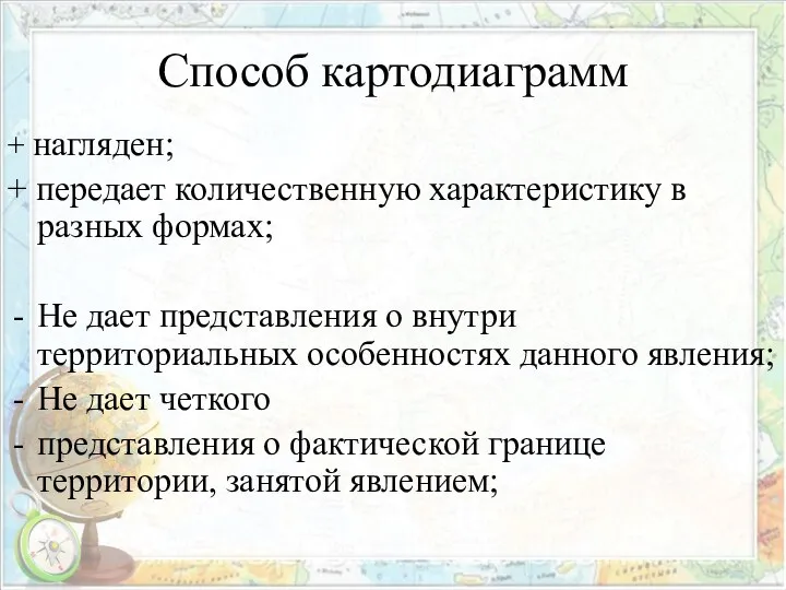 Способ картодиаграмм + нагляден; + передает количественную характеристику в разных формах;