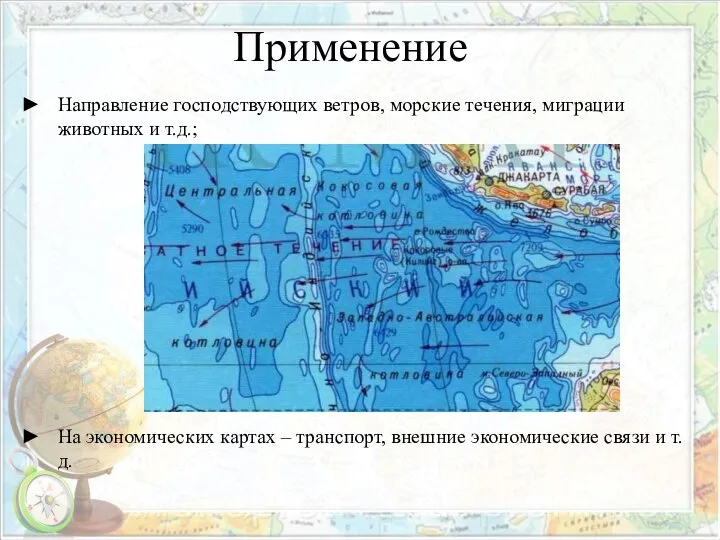 Применение Направление господствующих ветров, морские течения, миграции животных и т.д.; На