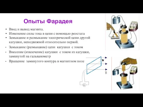 Опыты Фарадея Ввод и вывод магнита. Изменение силы тока в цепи