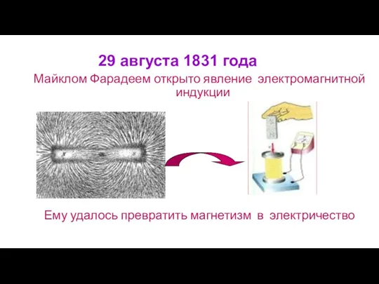 29 августа 1831 года Майклом Фарадеем открыто явление электромагнитной индукции Ему удалось превратить магнетизм в электричество