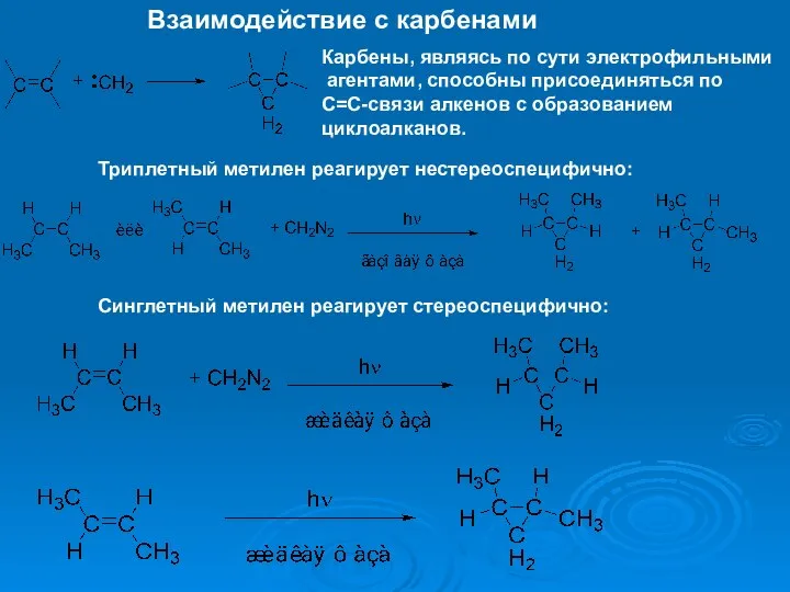 Взаимодействие с карбенами Карбены, являясь по сути электрофильными агентами, способны присоединяться