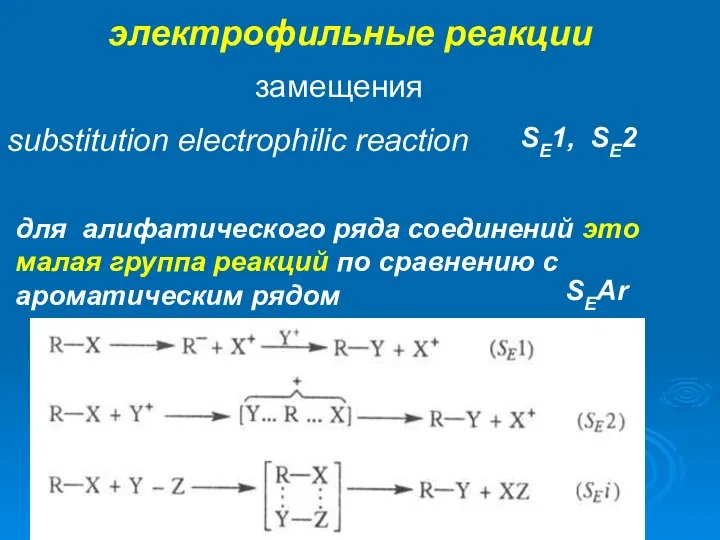 электрофильные реакции substitution electrophilic reaction замещения SE1, SE2 SEAr для алифатического