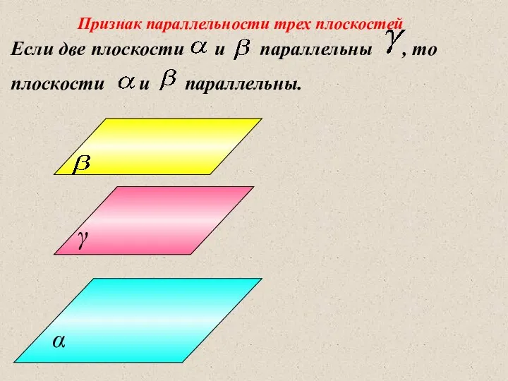 Признак параллельности трех плоскостей Если две плоскости и параллельны , то плоскости и параллельны.