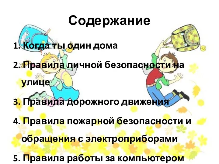 Содержание 1. Когда ты один дома 2. Правила личной безопасности на