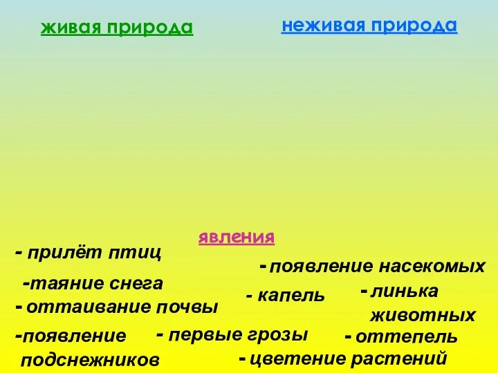 живая природа неживая природа явления - капель -появление подснежников - прилёт