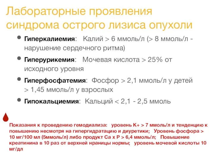 Гиперкалиемия: Калий > 6 ммоль/л (> 8 ммоль/л - нарушение сердечного