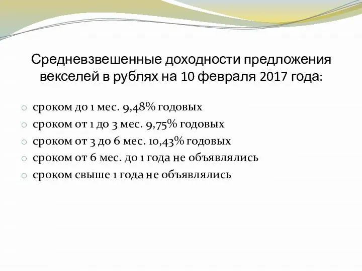 Средневзвешенные доходности предложения векселей в рублях на 10 февраля 2017 года: