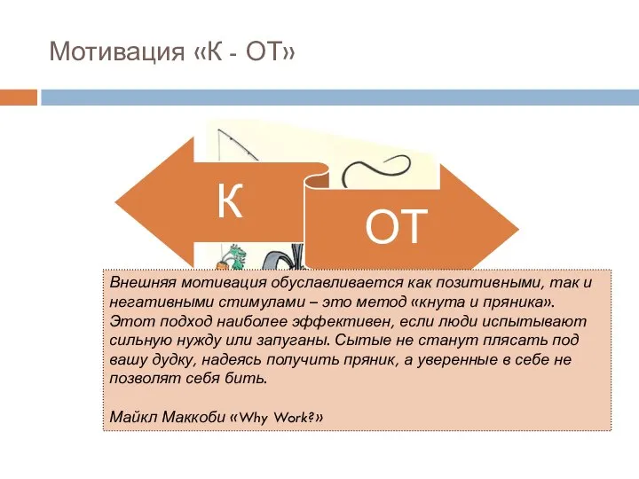 Мотивация «К - ОТ» Внешняя мотивация обуславливается как позитивными, так и