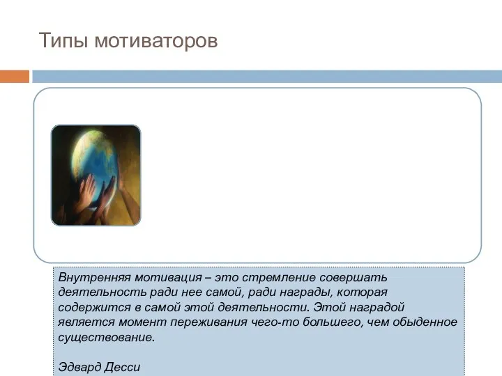 Типы мотиваторов Внутренняя мотивация – это стремление совершать деятельность ради нее