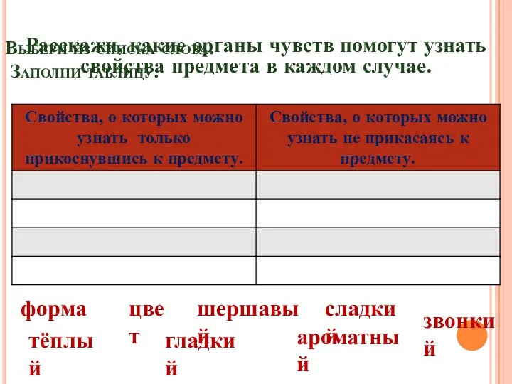 Выбери из списка слова. Заполни таблицу. сладкий форма цвет шершавый гладкий