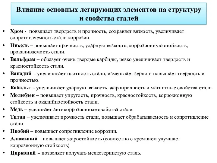 Влияние основных легирующих элементов на структуру и свойства сталей Хром -