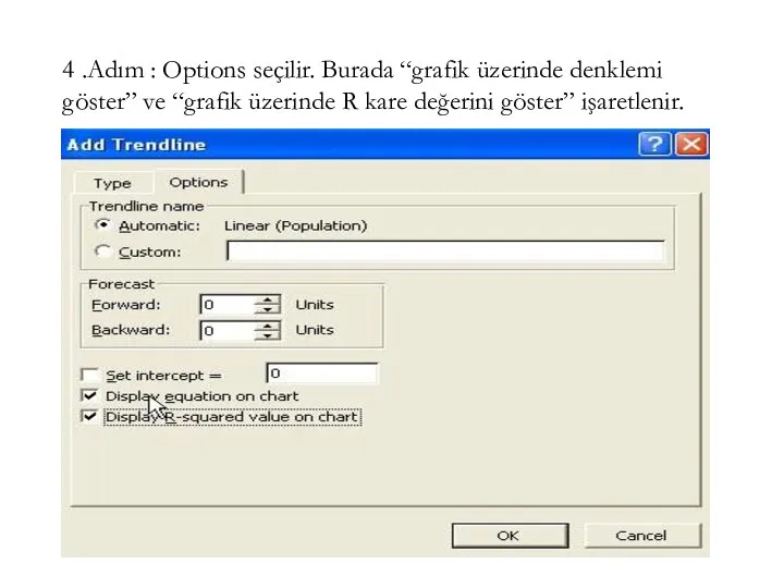 4 .Adım : Options seçilir. Burada “grafik üzerinde denklemi göster” ve