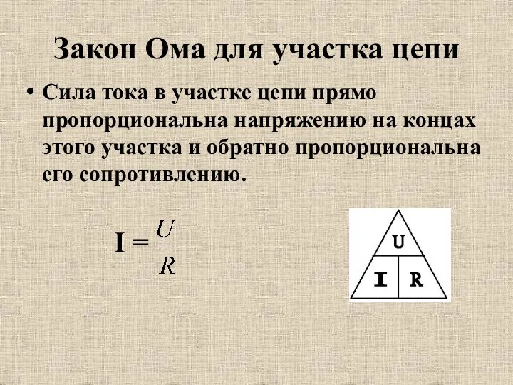 Закон Ома для участка цепи Сила тока в участке цепи прямо