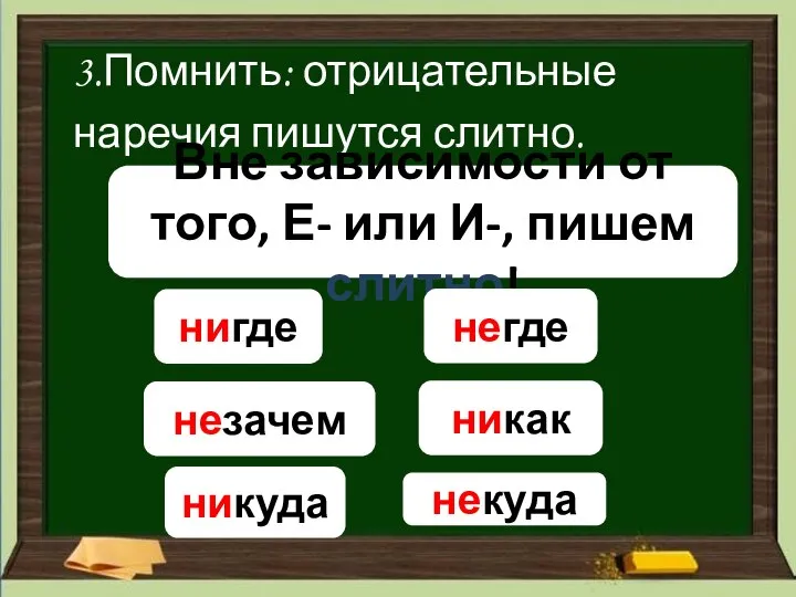 3.Помнить: отрицательные наречия пишутся слитно. Вне зависимости от того, Е- или