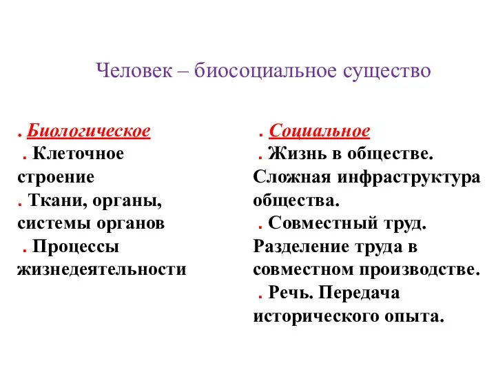 Человек – биосоциальное существо . Биологическое . Клеточное строение . Ткани,