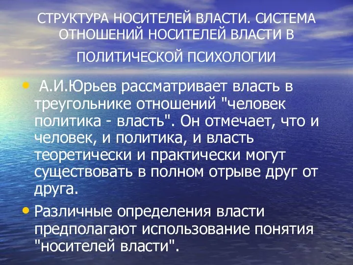 СТРУКТУРА НОСИТЕЛЕЙ ВЛАСТИ. СИСТЕМА ОТНОШЕНИЙ НОСИТЕЛЕЙ ВЛАСТИ В ПОЛИТИЧЕСКОЙ ПСИХОЛОГИИ А.И.Юрьев