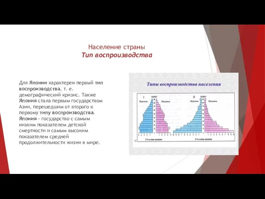 Население страны Тип воспроизводства Для Японии характерен первый тип воспроизводства, т.