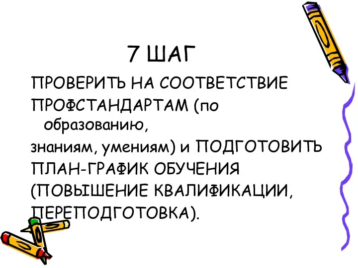 7 ШАГ ПРОВЕРИТЬ НА СООТВЕТСТВИЕ ПРОФСТАНДАРТАМ (по образованию, знаниям, умениям) и