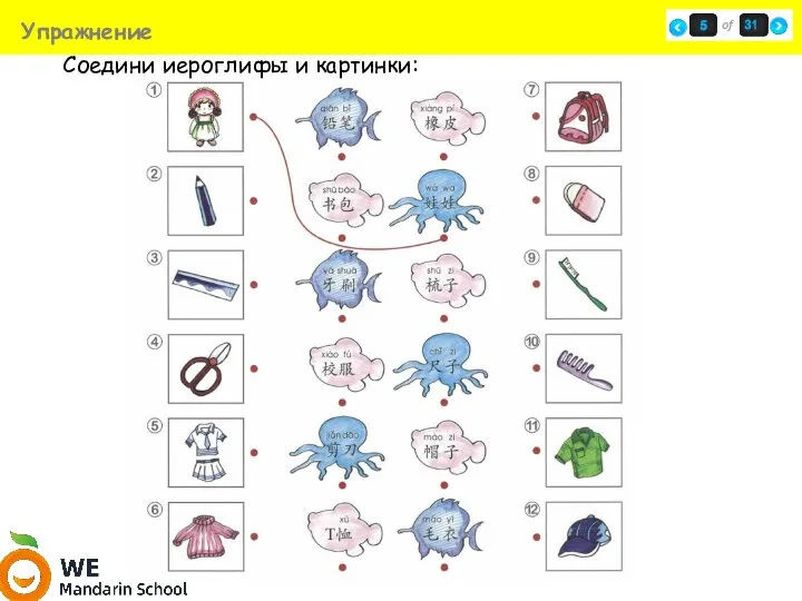 Упражнение Соедини иероглифы и картинки: