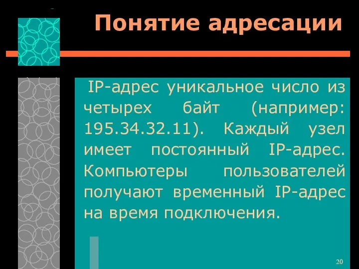 Понятие адресации IP-адрес уникальное число из четырех байт (например: 195.34.32.11). Каждый