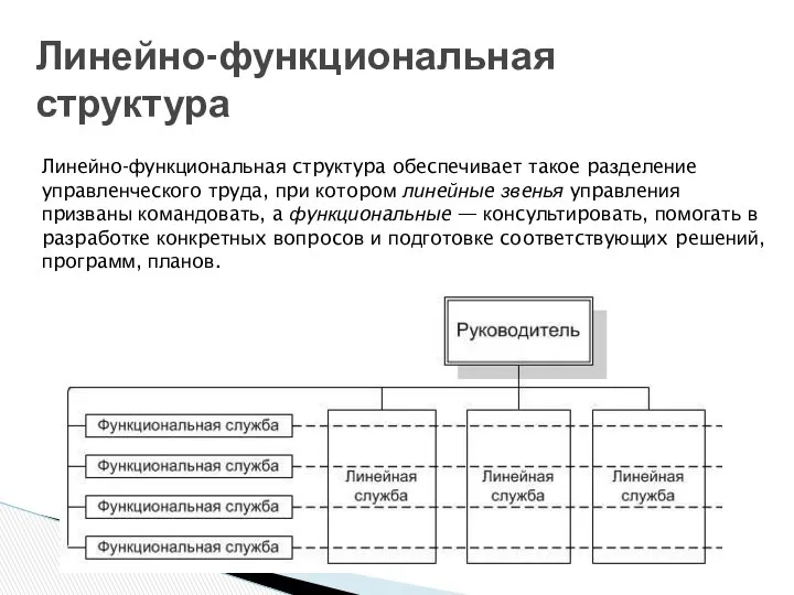 Линeйнo-фyнкциoнaльнaя cтpyктypa oбecпeчивaeт тaкoe paздeлeниe yпpaвлeнчecкoгo тpyдa, пpи кoтopoм линeйныe звeнья