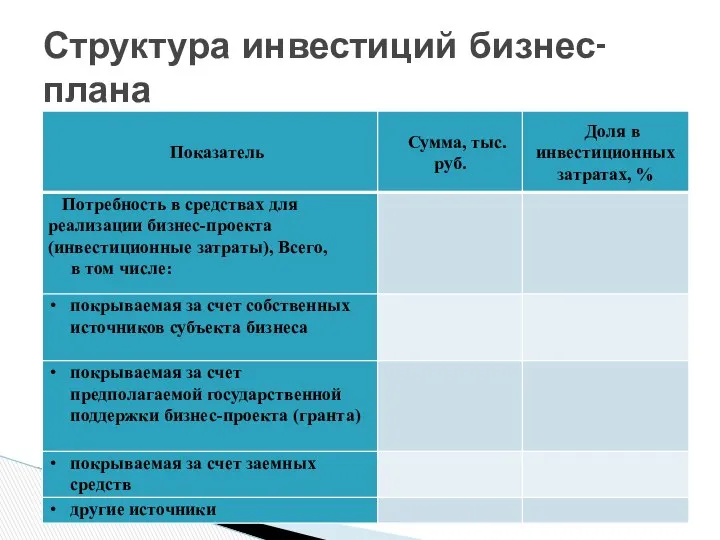 Структура инвестиций бизнес-плана