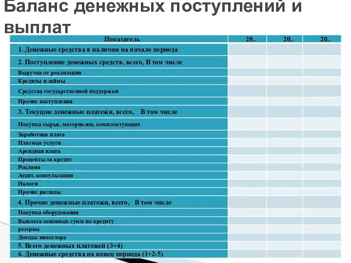 Баланс денежных поступлений и выплат