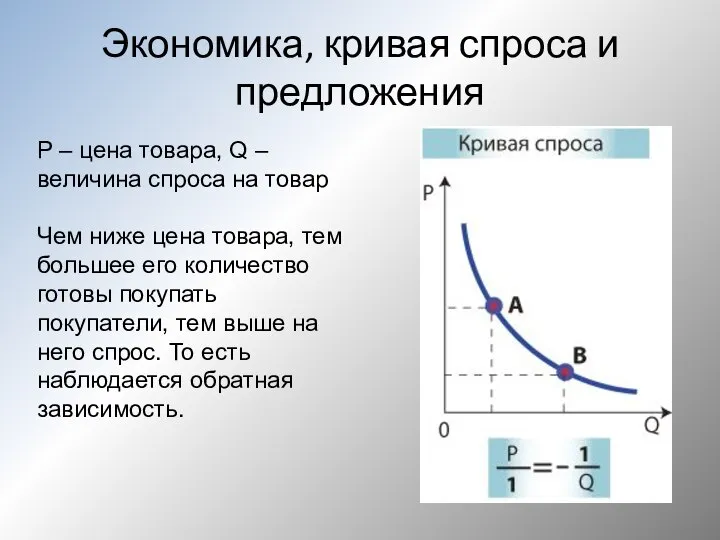 Экономика, кривая спроса и предложения Р – цена товара, Q –