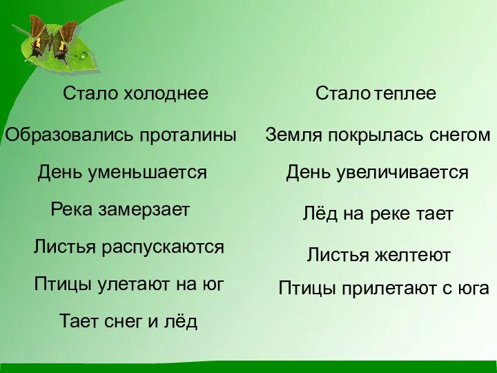 Стало холоднее Стало теплее Образовались проталины Земля покрылась снегом День уменьшается