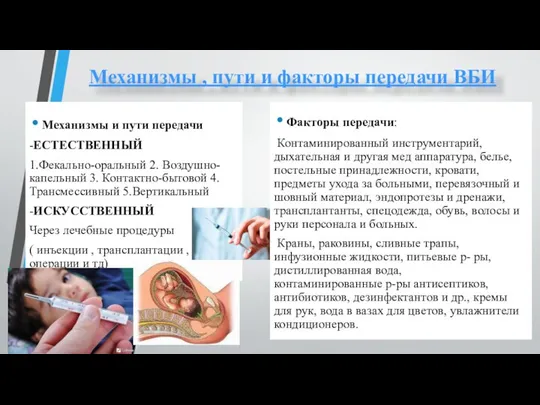 Механизмы , пути и факторы передачи ВБИ Механизмы и пути передачи